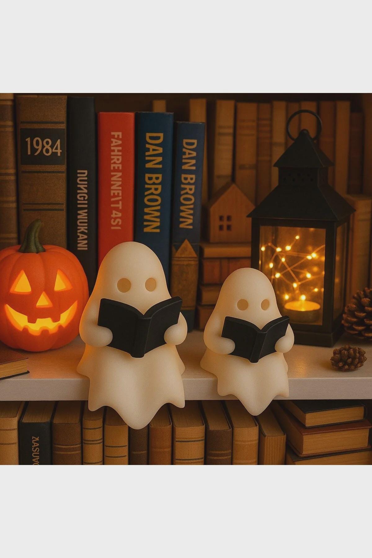 Reading Ghost Figurine Set (2 pcs) – LED Candle Compatible Halloween Table Decor – Spooky Book Lover Ghost Ornament