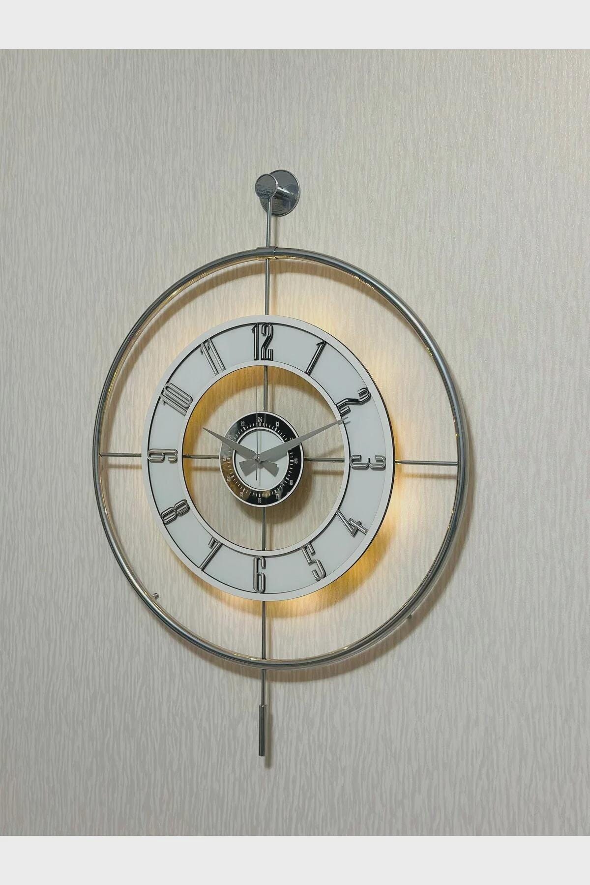 Large Modern Metal Wall Clock 60×80 cm – Chrome Powder Coated Glass Clock with LED Light for Contemporary Home Decor