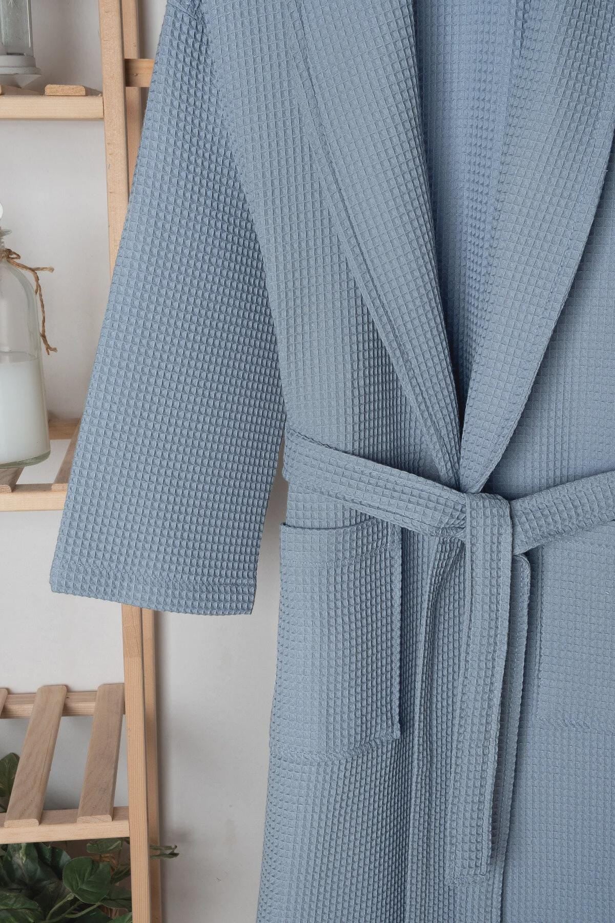 Blue Waffle Bathrobe – 100% Soft Unisex Robe, High Absorbency, Lightweight Shawl Collar Spa & Home Bathrobe