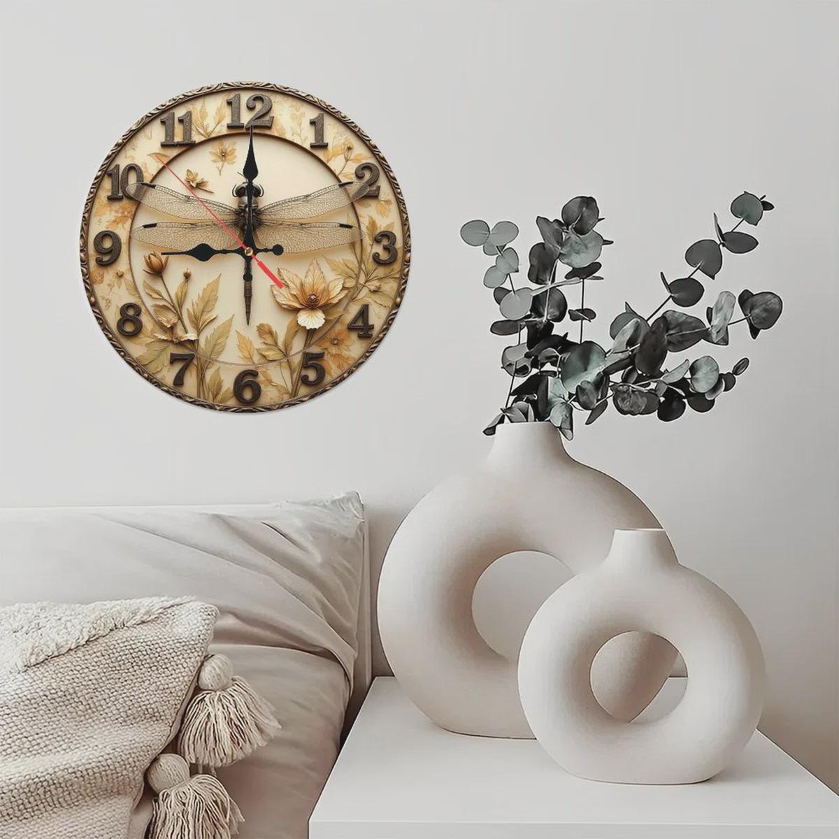 Dragonfly Decorative Wall Clock – Vintage Steampunk Style, Rustic Floral Metal Art, Bronze & Teal Finish, Unique Nature-Inspired Home Decor