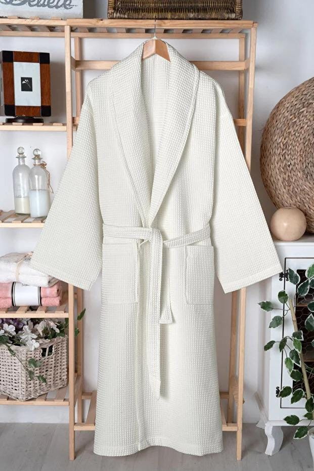 Cream Waffle Bathrobe – 100% Soft Unisex Shawl Collar Robe, High Absorbency Lightweight Spa Bathrobe