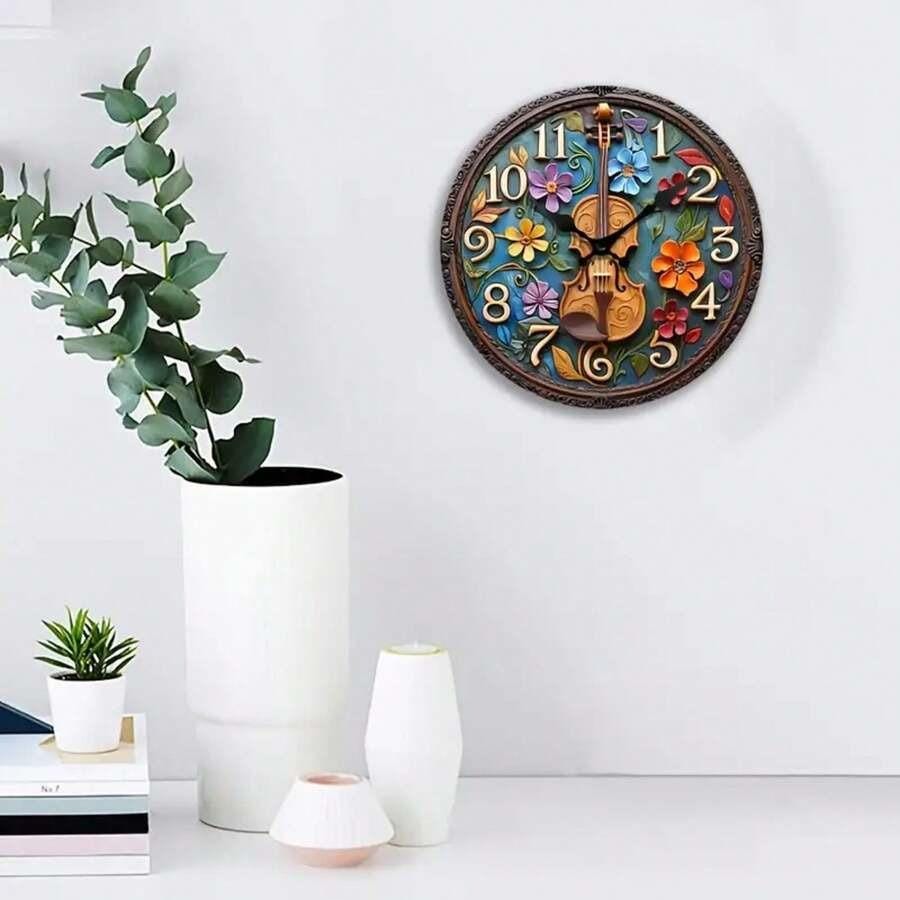 Silent Wooden Wall Clock with Violin Art & Floral Design – Round Decorative Clock for Bedroom, Living Room, Home Office