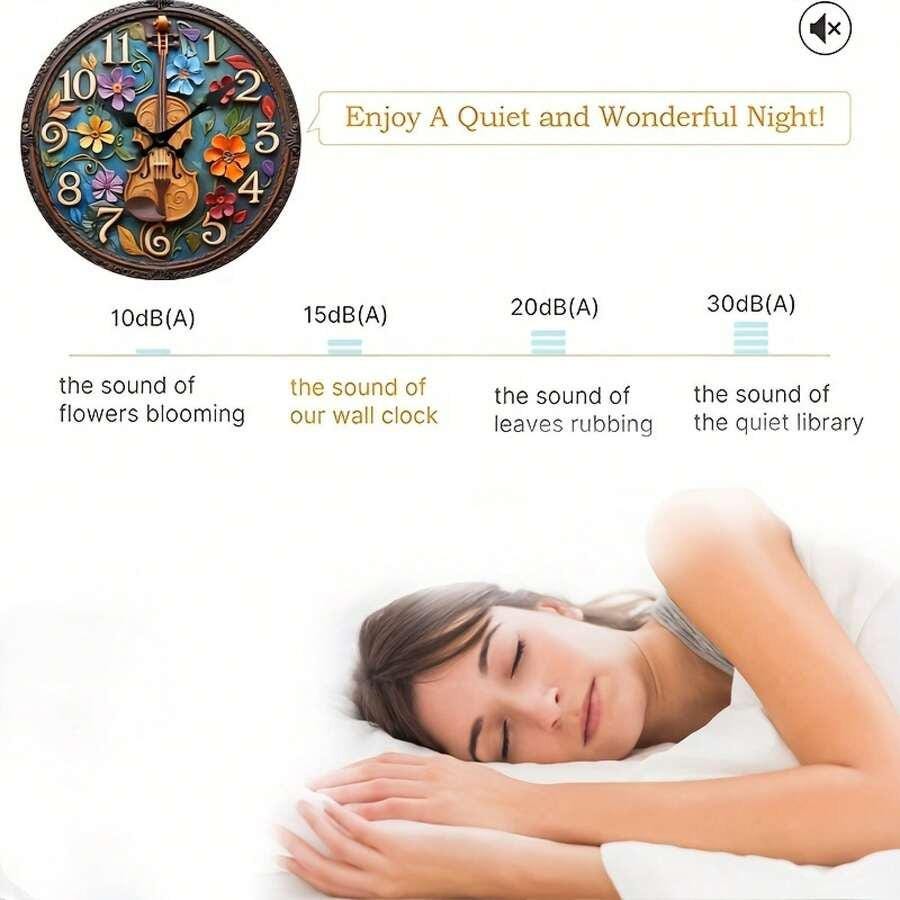 Silent Wooden Wall Clock with Violin Art & Floral Design – Round Decorative Clock for Bedroom, Living Room, Home Office