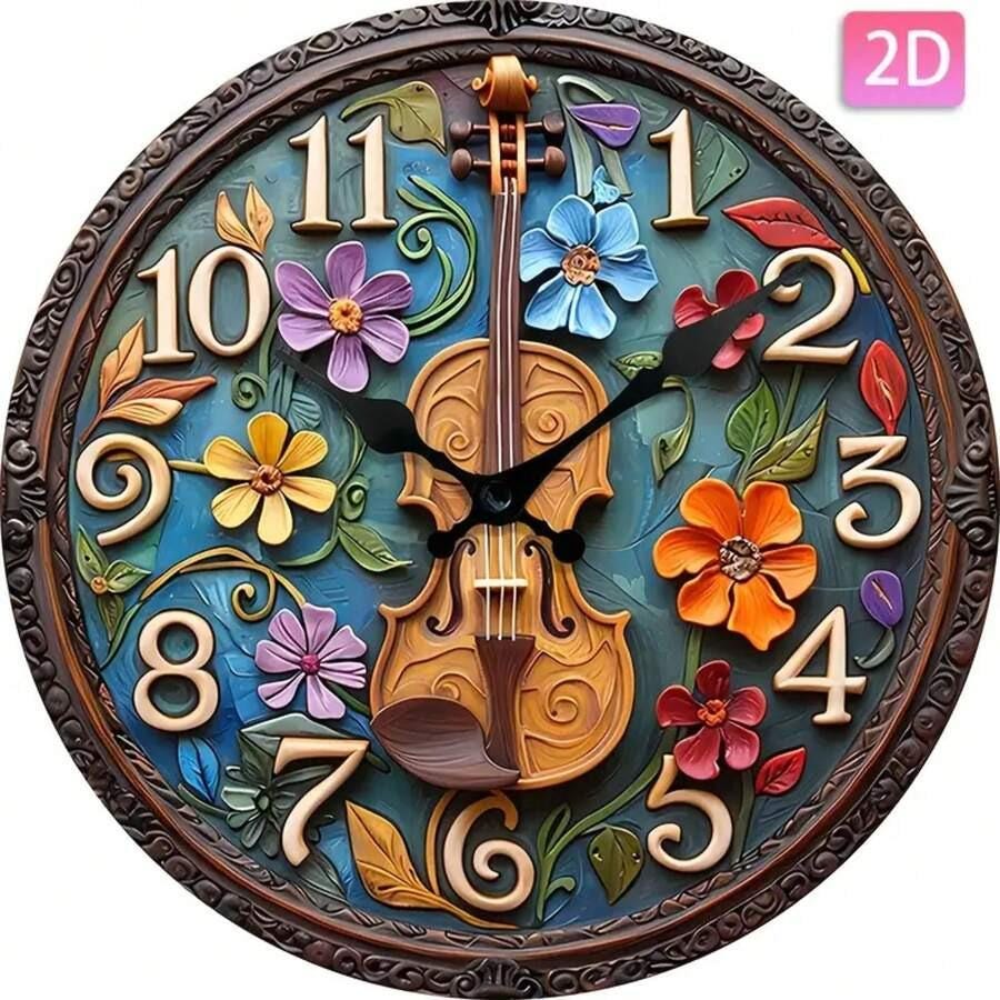 Silent Wooden Wall Clock with Violin Art & Floral Design – Round Decorative Clock for Bedroom, Living Room, Home Office