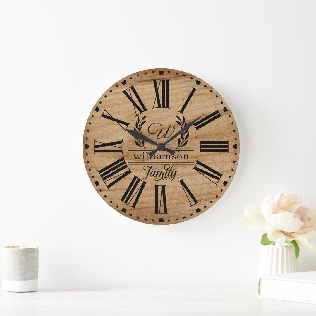 Rustic Brown Wood Custom Family Name Farmhouse Wall Clock – Personalized Large Wooden Clock, Home Decor Gift