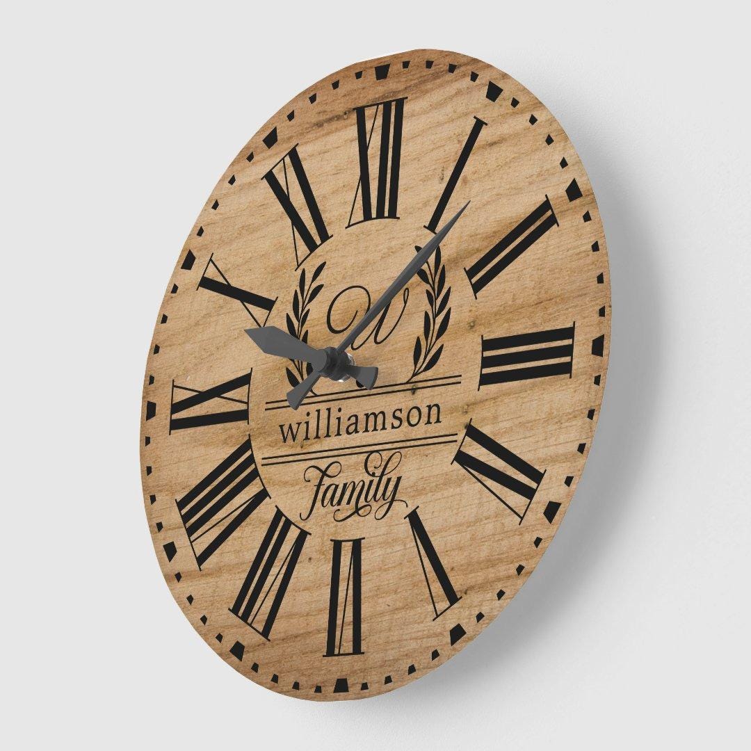 Rustic Brown Wood Custom Family Name Farmhouse Wall Clock – Personalized Large Wooden Clock, Home Decor Gift