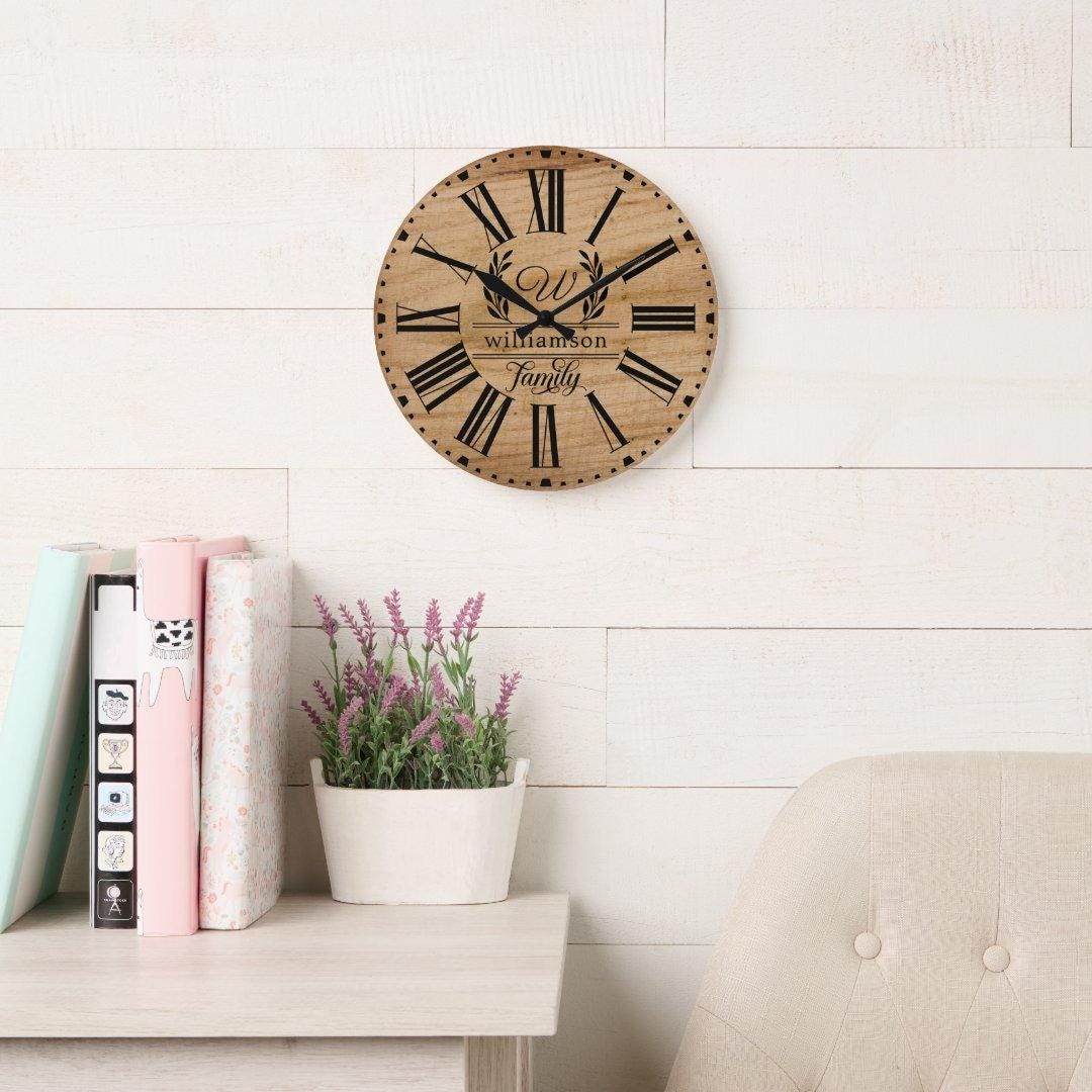Rustic Brown Wood Custom Family Name Farmhouse Wall Clock – Personalized Large Wooden Clock, Home Decor Gift