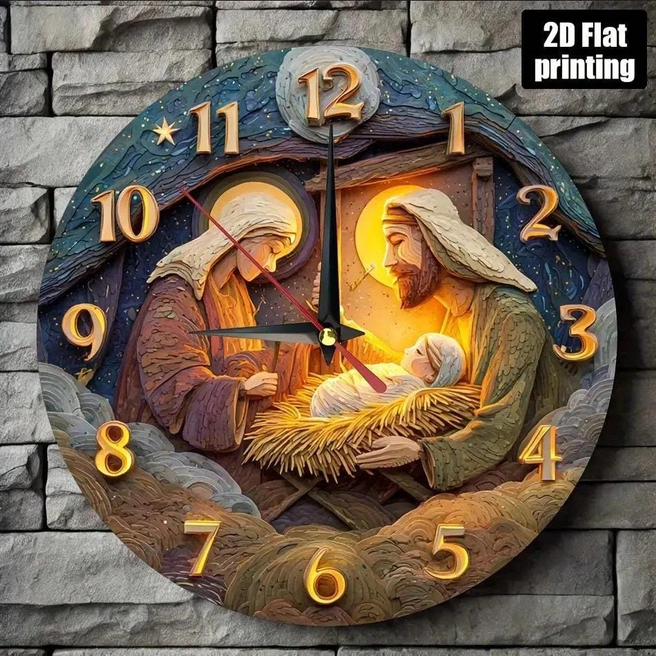 Christmas Scene Wall Clock – 2D Printed Silent Farmhouse Holiday Decor, Rustic Non-Ticking Round Clock