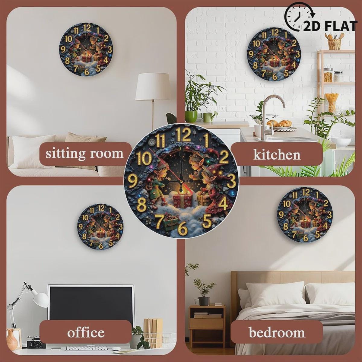 Christmas Clock With Elves & Gifts – Silent 2D Printed Festive Round Wall Art for Holiday Home Decor