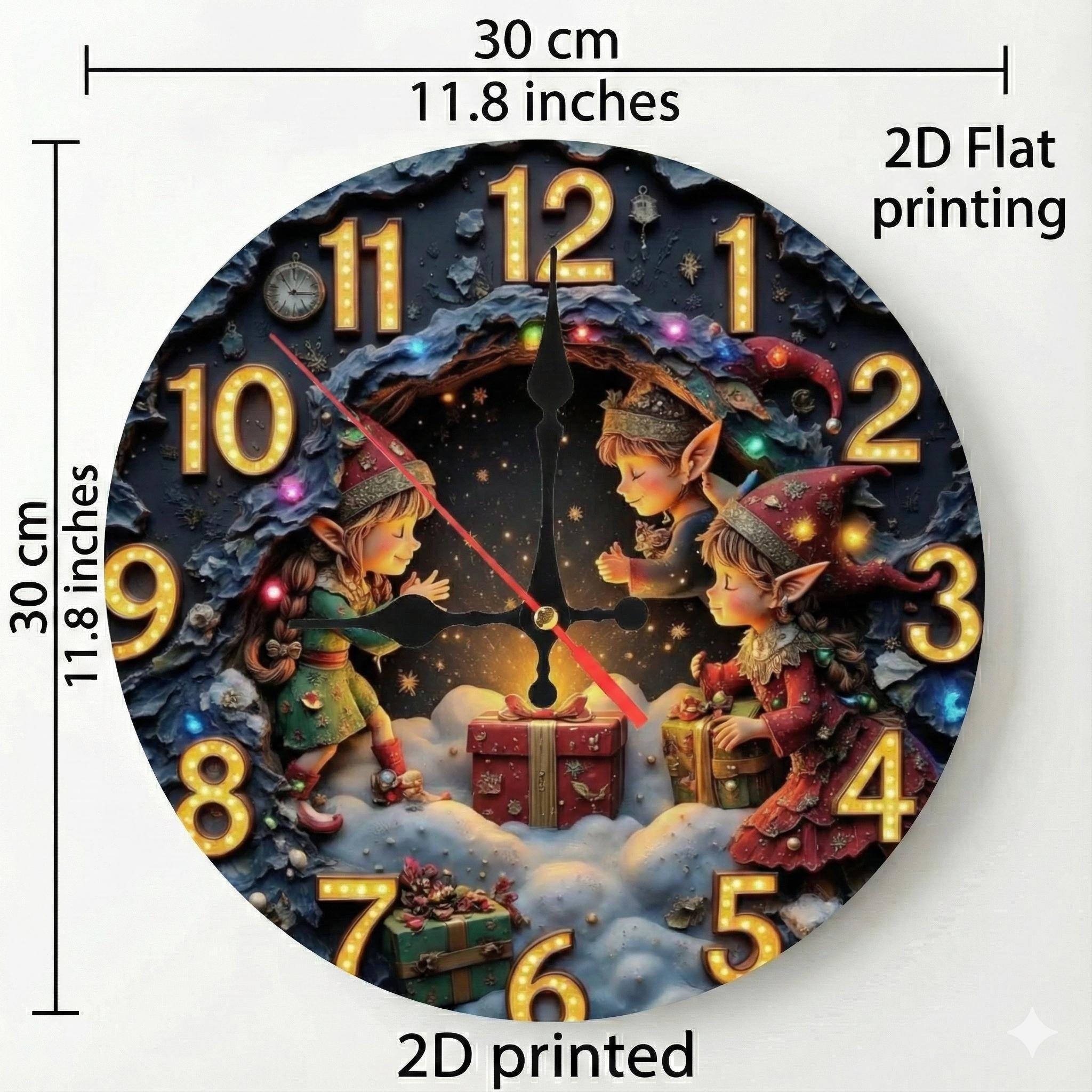Christmas Clock With Elves & Gifts – Silent 2D Printed Festive Round Wall Art for Holiday Home Decor