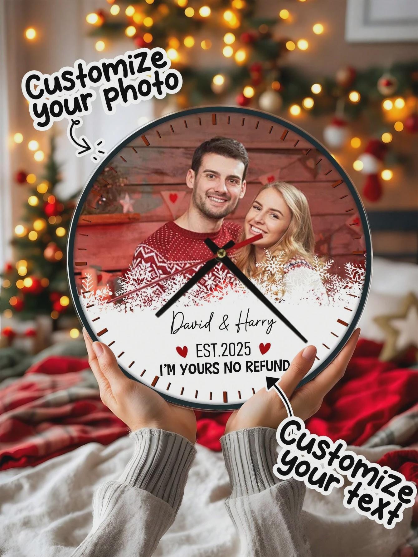 Personalized Photo Clock With Custom Name - Romantic Couple Wall Decor Gift - Unique Love Ornament For Christmas, Rustic Wall Clock Decor