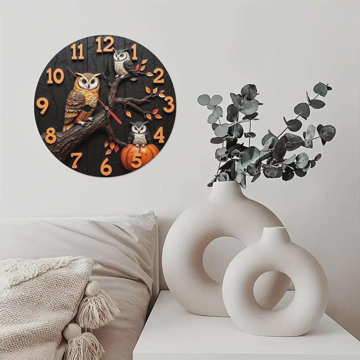 Rustic Wall Clock Decor With Owls and Autumn Leaves - Fall Farmhouse Pumpkin Wall Clock - Country Style Home Decor for Cozy Living Spaces