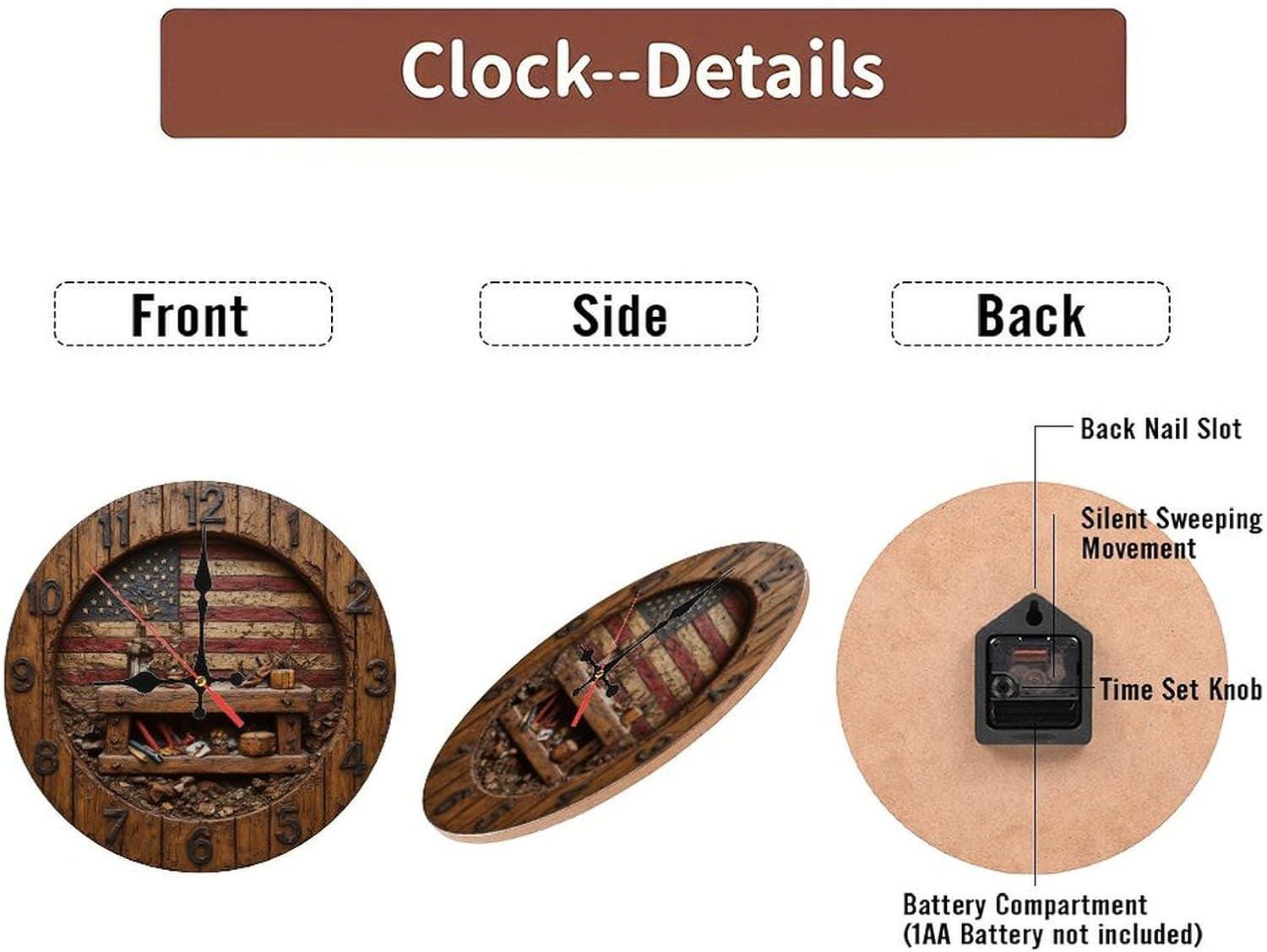 American Flag Wall Clock, Rustic Eagle Decor, Patriotic Gift for Veteran Dad, Silent Non-Ticking Quartz, Man Cave Office Wall Art, USA