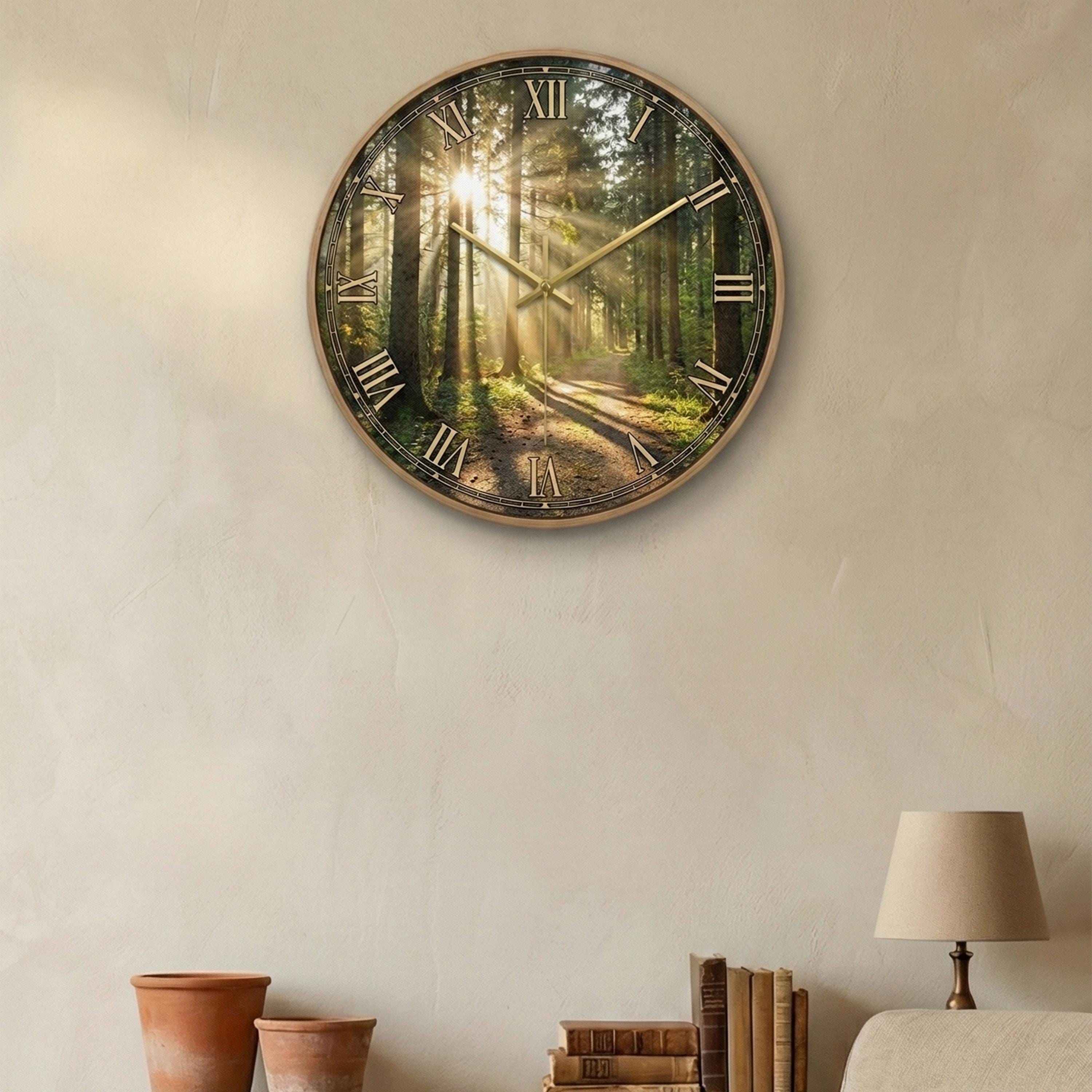 Forest Wall Clock, Nature Landscape Round Clock, Green Trees & Sun Rays Art, Rustic Farmhouse Decor, Silent Wood Clock, Housewarming Gift