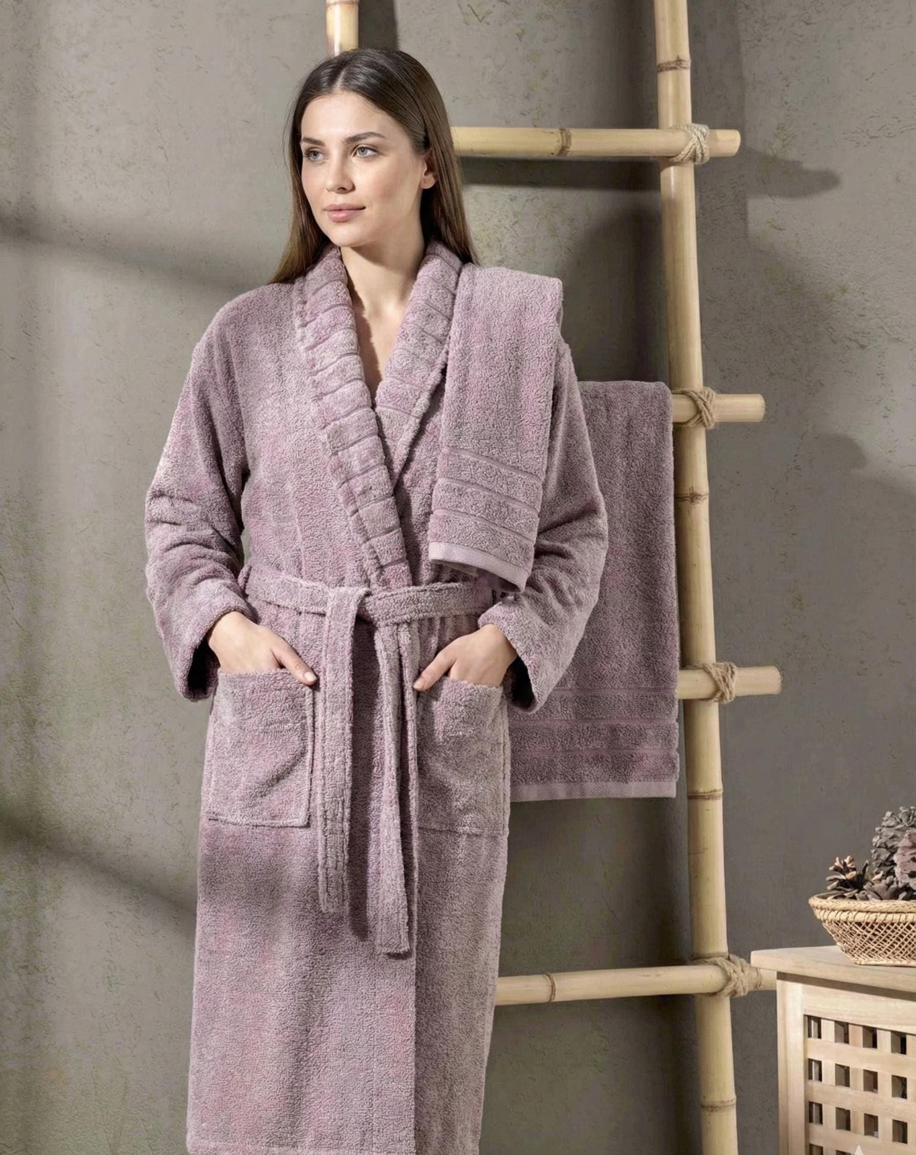 Plum Carla Hooded Bathrobe with Towel – Soft Cotton Unisex Robe, Included Matching Towel, Cozy Daily Spa Bathrobe Gift