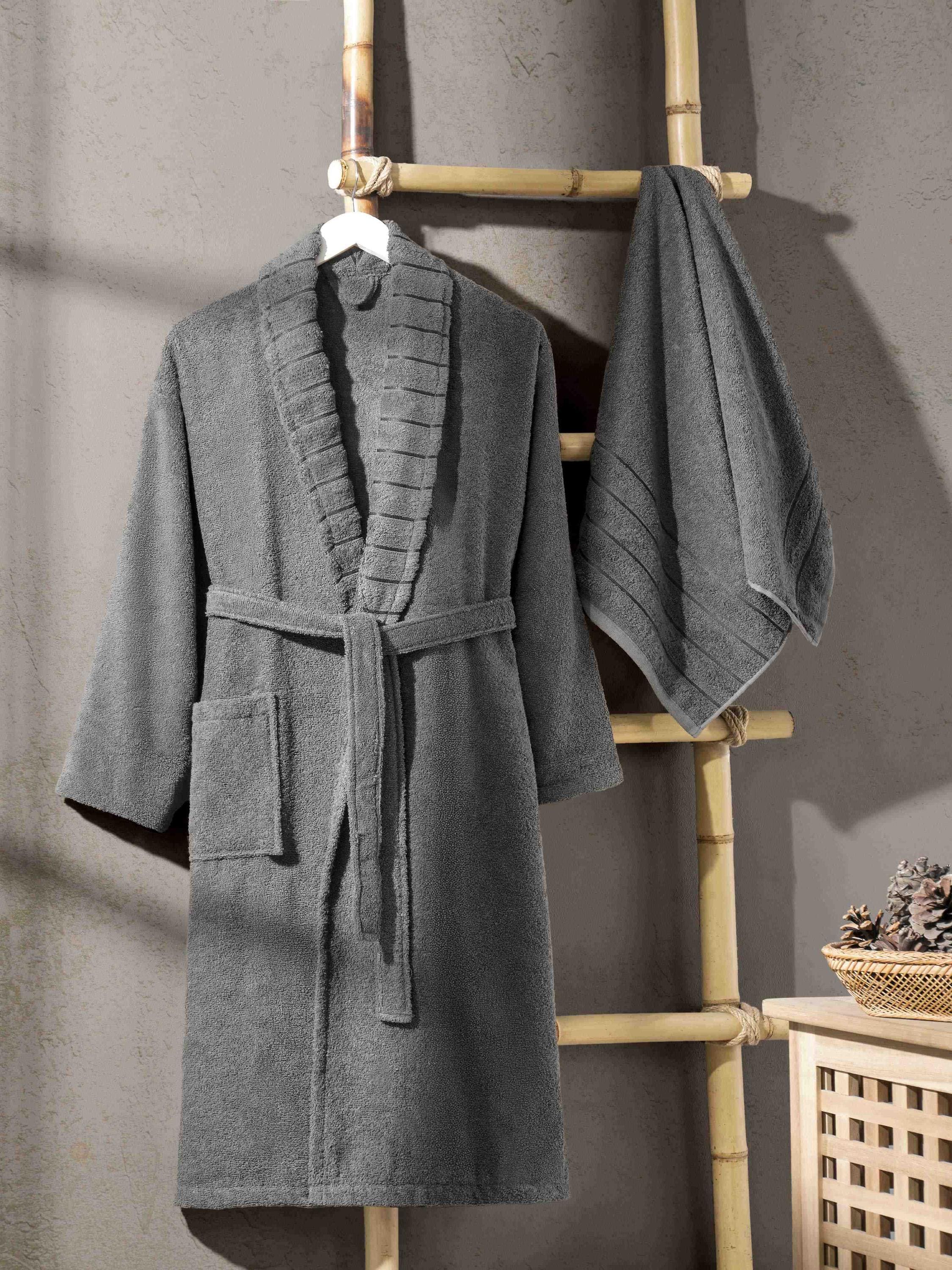 Anthracite Carla Hooded Bathrobe with Towel – Soft Cotton Unisex Robe, Dark Grey Spa Bathrobe Set, Cozy Daily Shower & Home Gift