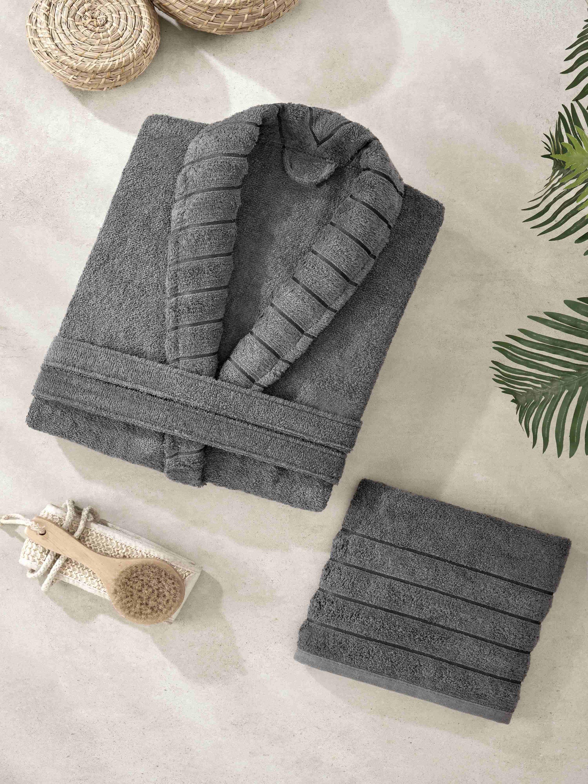 Anthracite Carla Hooded Bathrobe with Towel – Soft Cotton Unisex Robe, Dark Grey Spa Bathrobe Set, Cozy Daily Shower & Home Gift