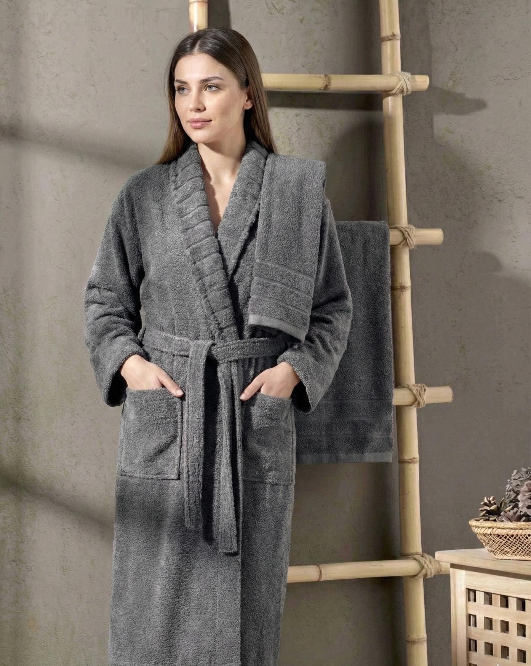 Anthracite Carla Hooded Bathrobe with Towel – Soft Cotton Unisex Robe, Dark Grey Spa Bathrobe Set, Cozy Daily Shower & Home Gift