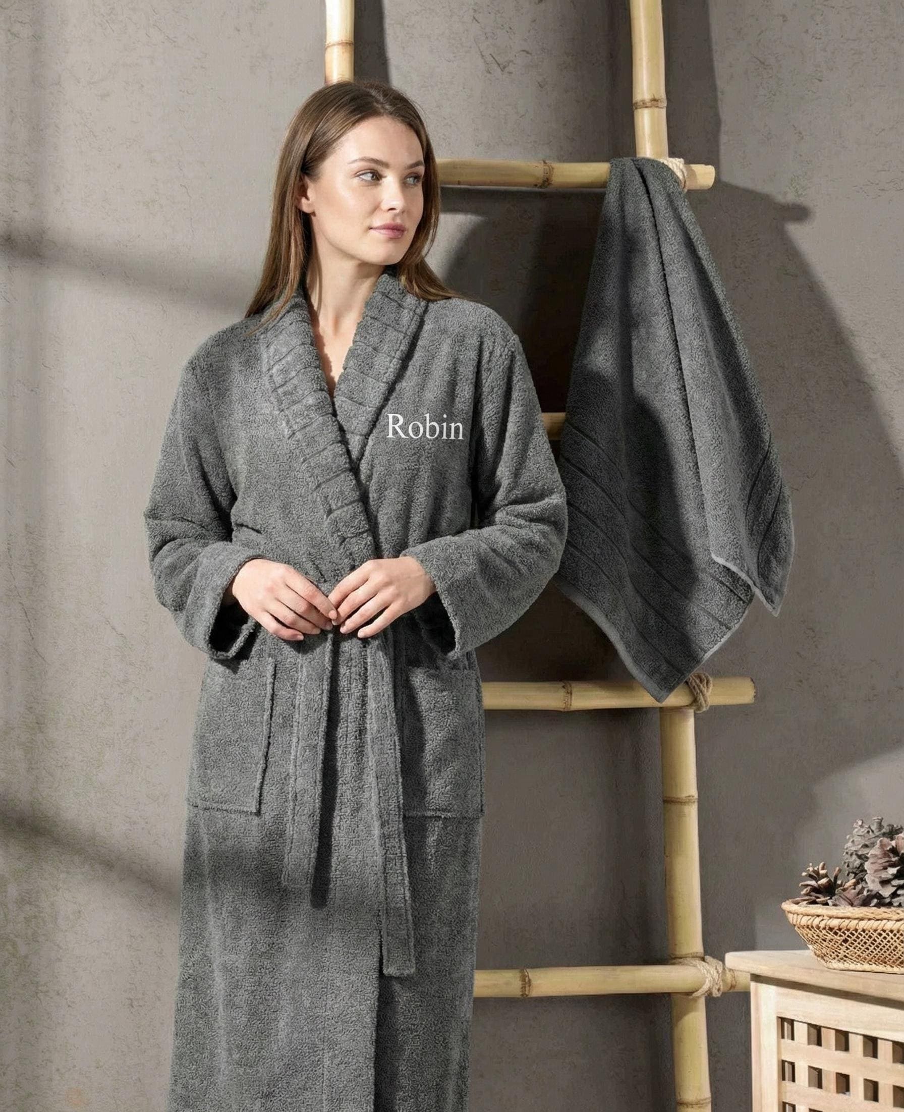 Anthracite Carla Hooded Bathrobe with Towel – Soft Cotton Unisex Robe, Dark Grey Spa Bathrobe Set, Cozy Daily Shower & Home Gift