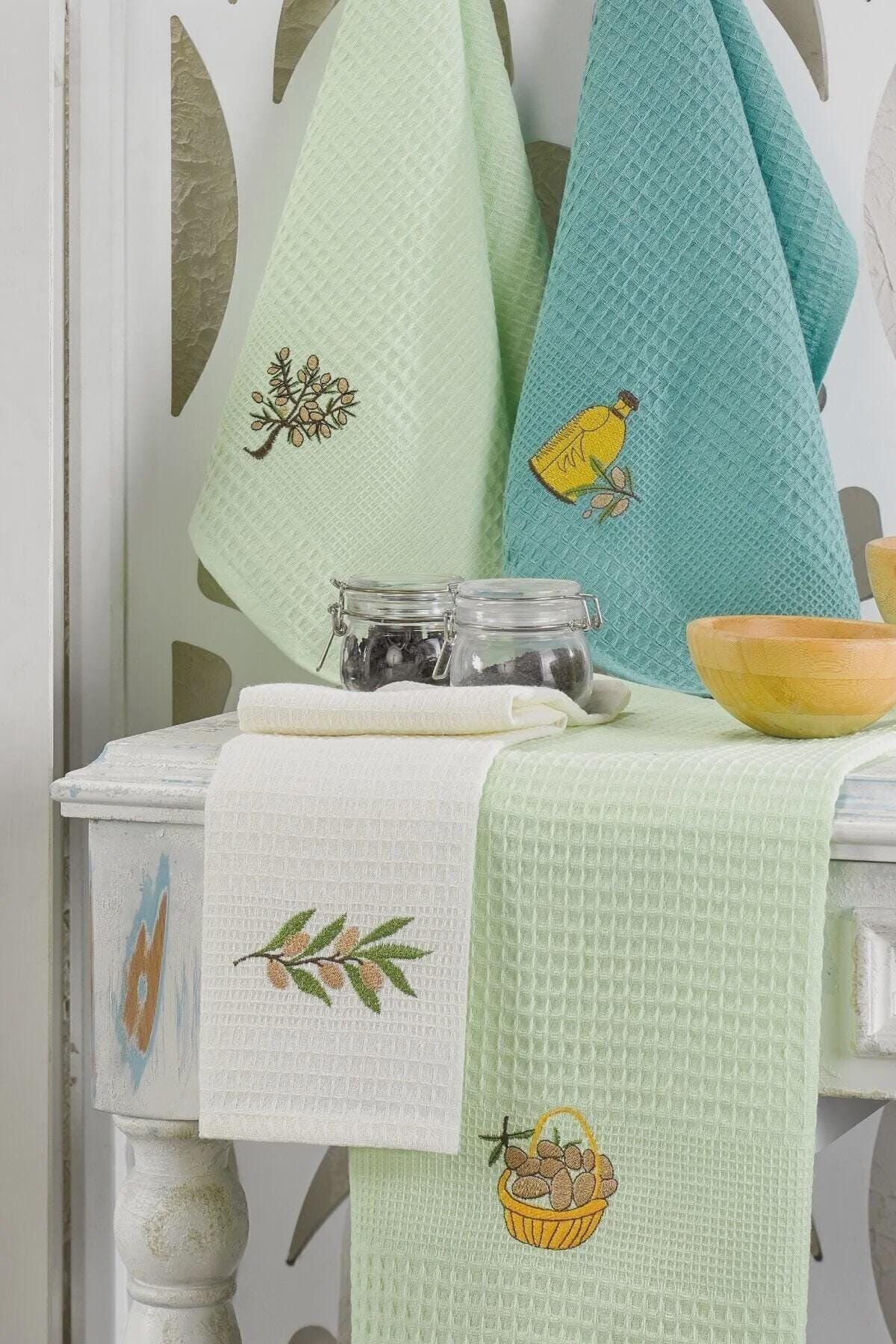 6-Piece Mint Embroidered Kitchen Towels – Premium Cotton Dishcloth Set, Absorbent Tea Towels for Drying & Cleaning – Avelora Textile