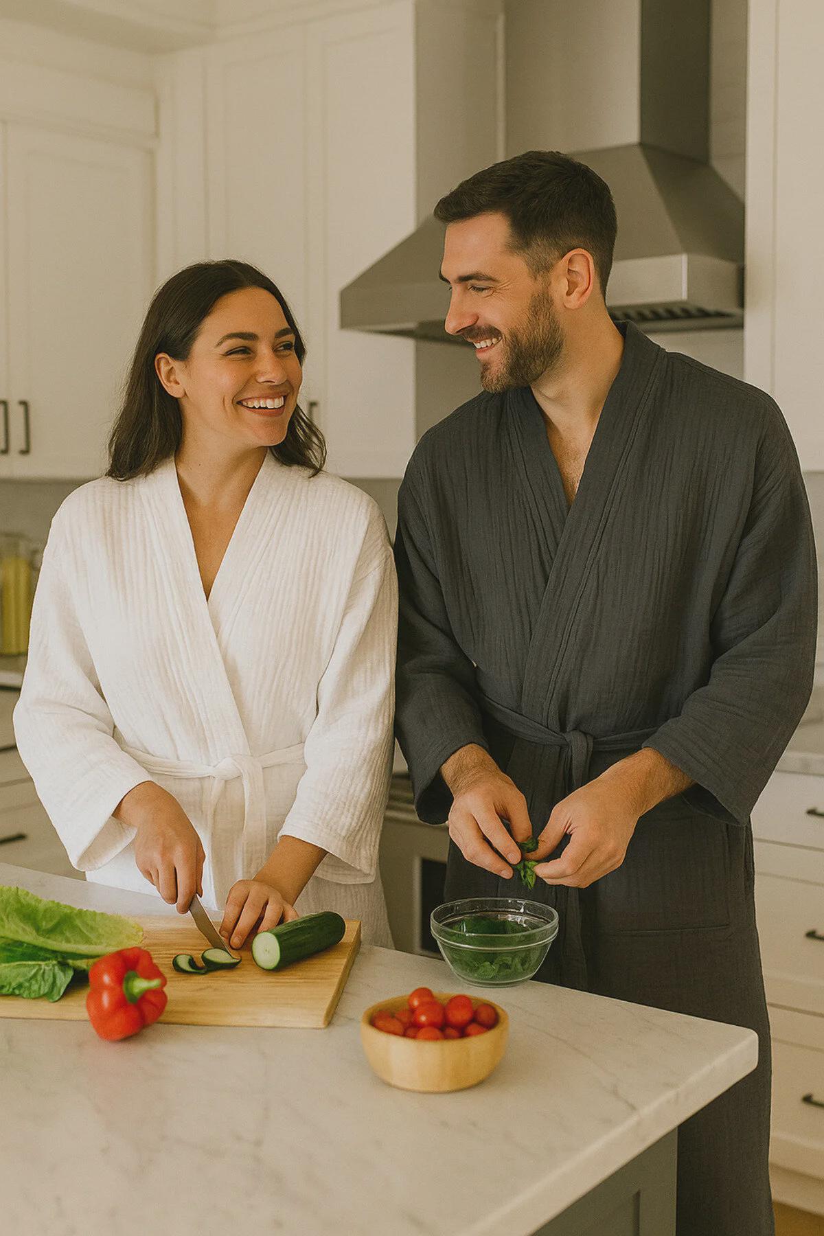 Anthracite Muslin Robe – 4 Layer Cotton Unisex Kimono Bathrobe, Lightweight Breathable Morning Robe, Soft Home & Spa Wear