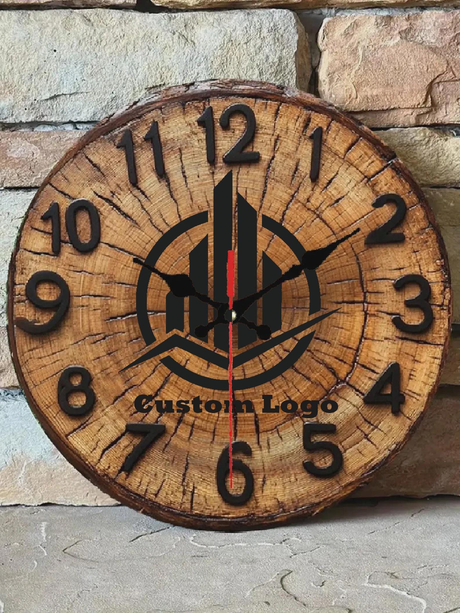 Wood Grain Wall Clock – 2D Printed MDF Clock with Tree Ring Design, Silent Round Rustic Clock with Custom Text Logo Home Office Cafe Decor
