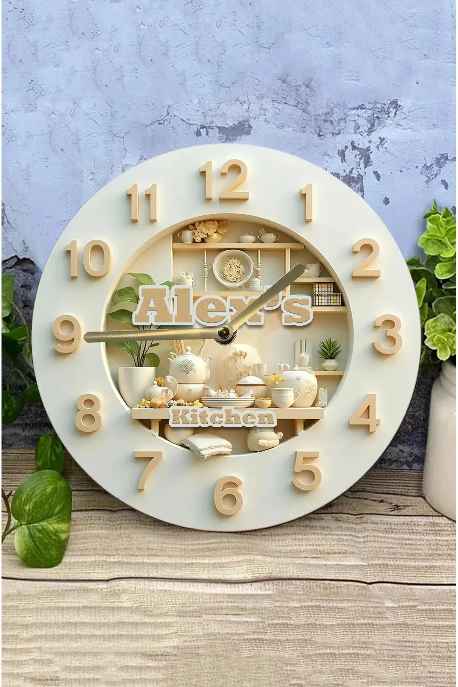 Kitchen Wall Clock with Faux Shelf Detail – Personalized 2D MDF Clock with 3D Effect, Silent Modern Farmhouse Kitchen Decor