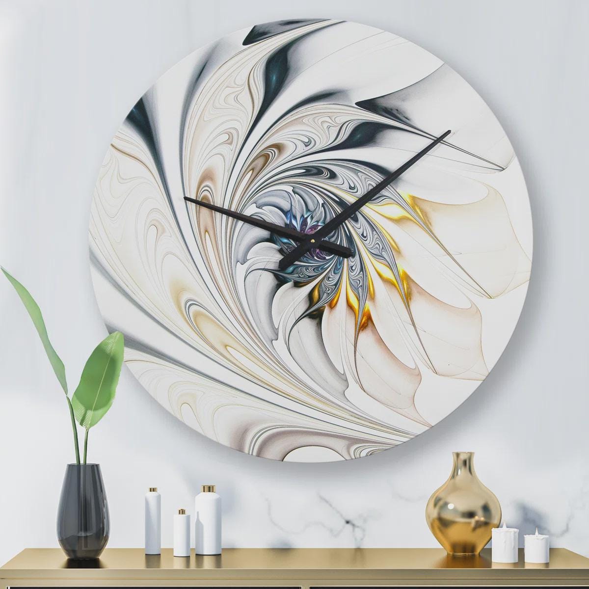 Howse White Glossy Floral Wall Clock – Modern 2D Printed Silent Clock, Elegant Flower Art Home Decor, Non-Ticking Battery Quartz Design