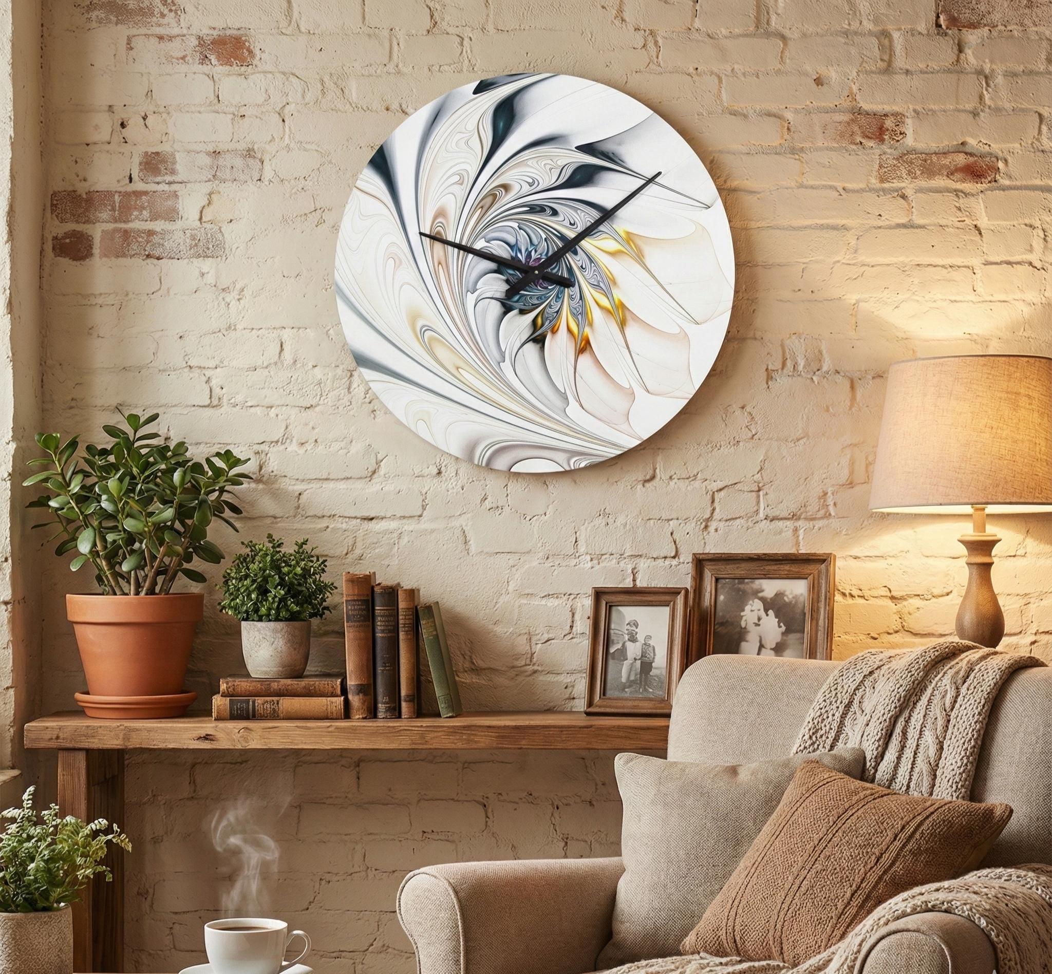 Howse White Glossy Floral Wall Clock – Modern 2D Printed Silent Clock, Elegant Flower Art Home Decor, Non-Ticking Battery Quartz Design