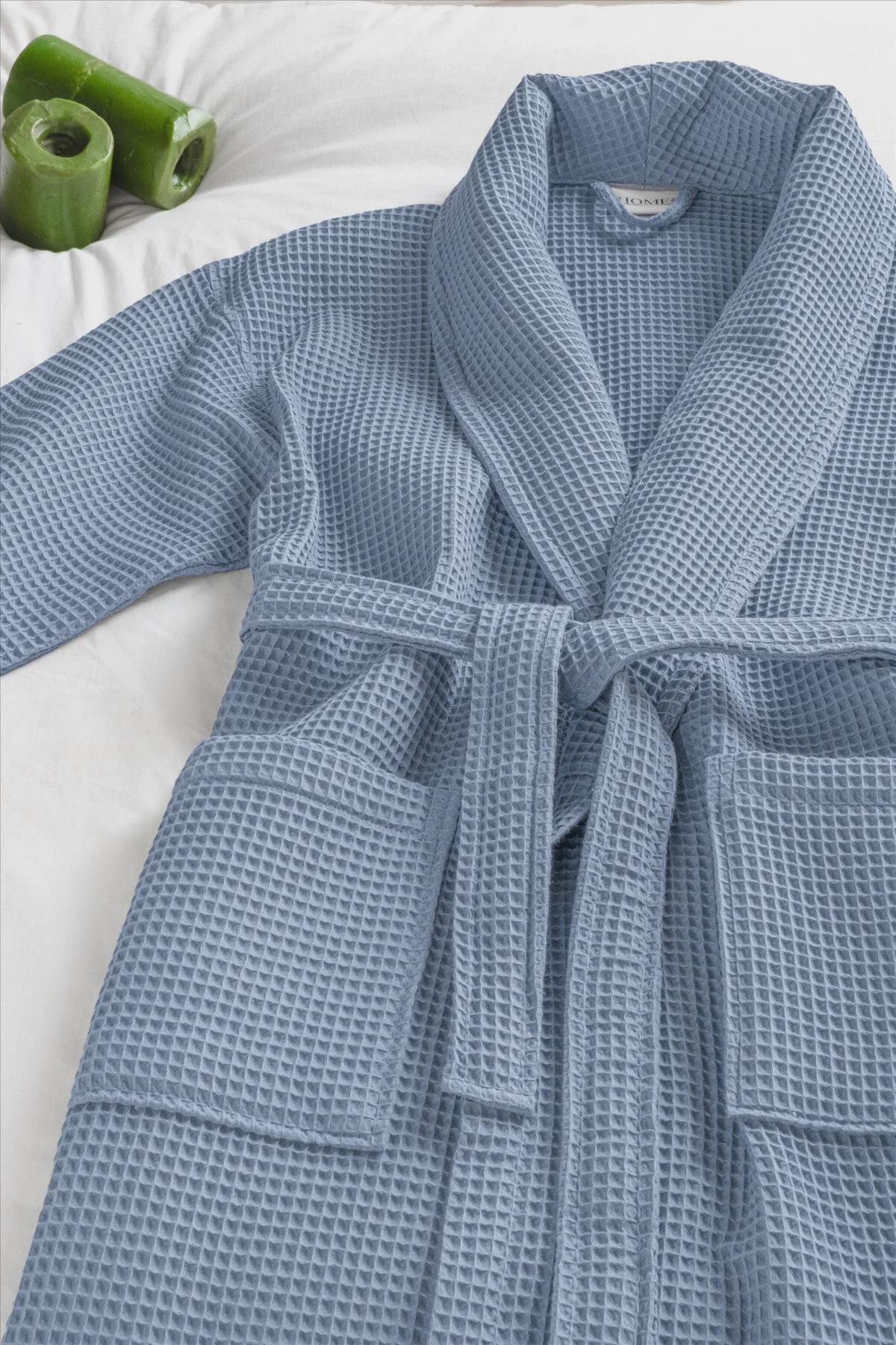 Blue Waffle Bathrobe – 100% Soft Unisex Robe, High Absorbency, Lightweight Shawl Collar Spa & Home Bathrobe