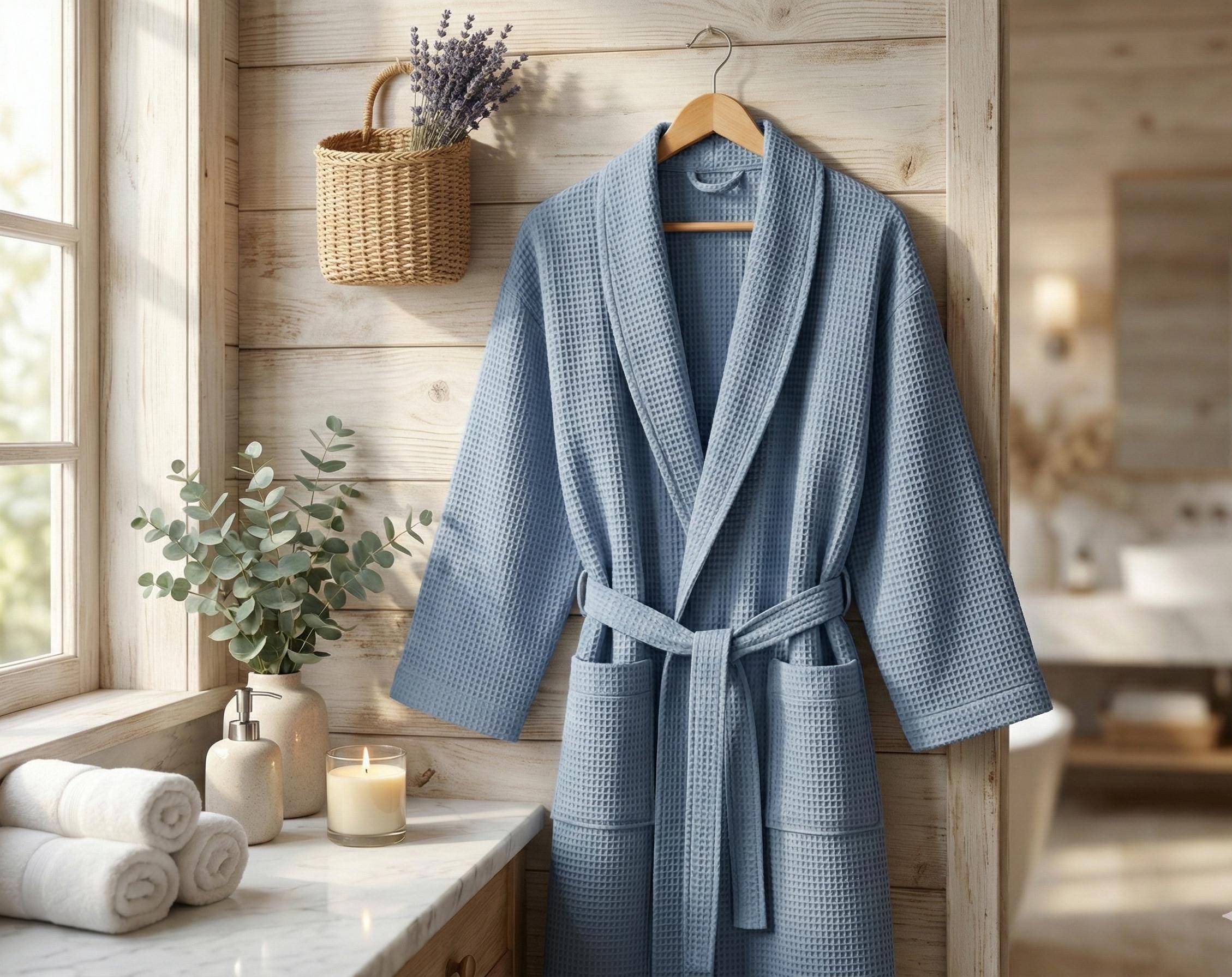 Blue Waffle Bathrobe – 100% Soft Unisex Robe, High Absorbency, Lightweight Shawl Collar Spa & Home Bathrobe