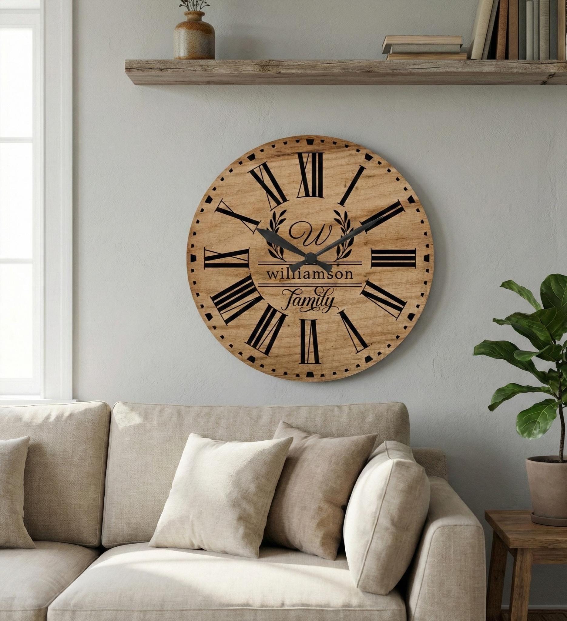 Rustic Brown Wood Custom Family Name Farmhouse Wall Clock – Personalized Large Wooden Clock, Home Decor Gift