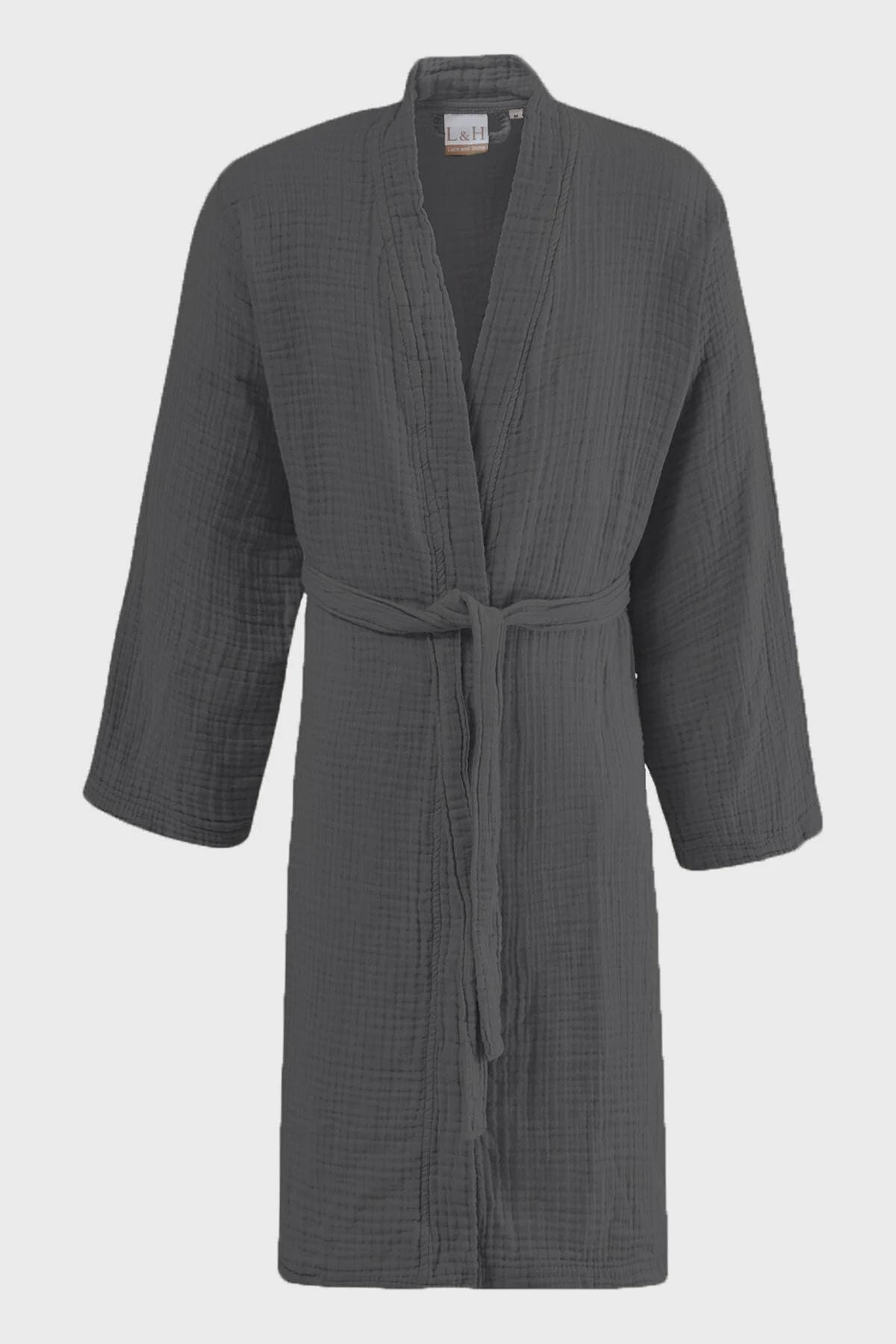 Anthracite Muslin Robe – 4 Layer Cotton Unisex Kimono Bathrobe, Lightweight Breathable Morning Robe, Soft Home & Spa Wear