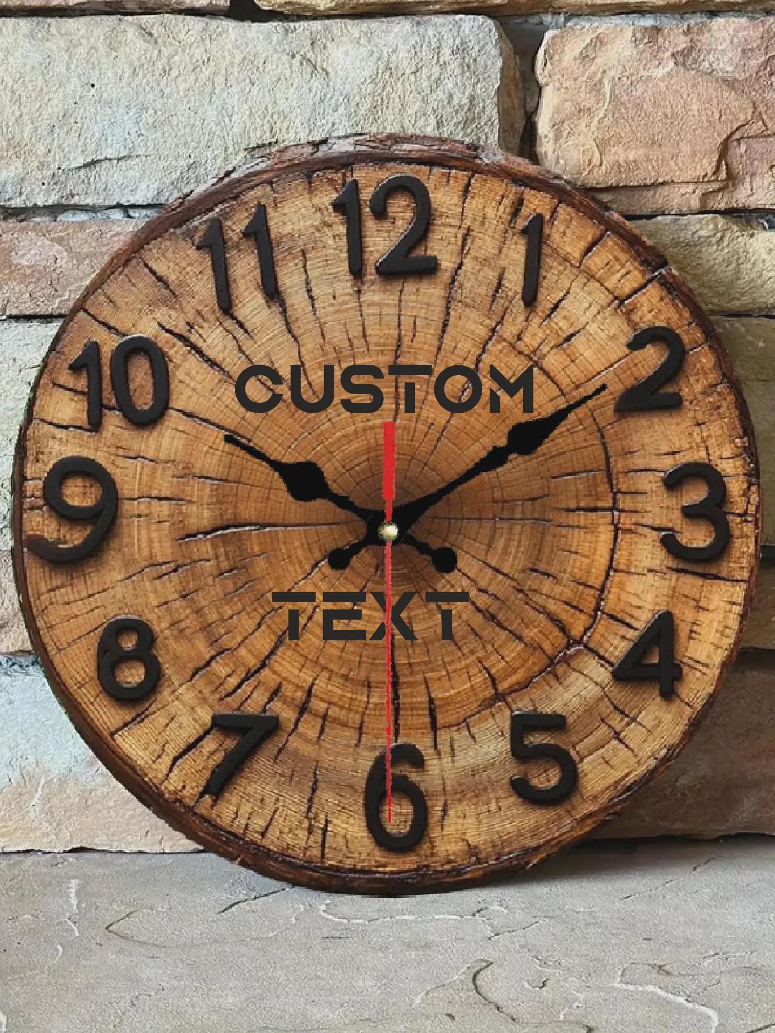Wood Grain Wall Clock – 2D Printed MDF Clock with Tree Ring Design, Silent Round Rustic Clock with Custom Text Logo Home Office Cafe Decor
