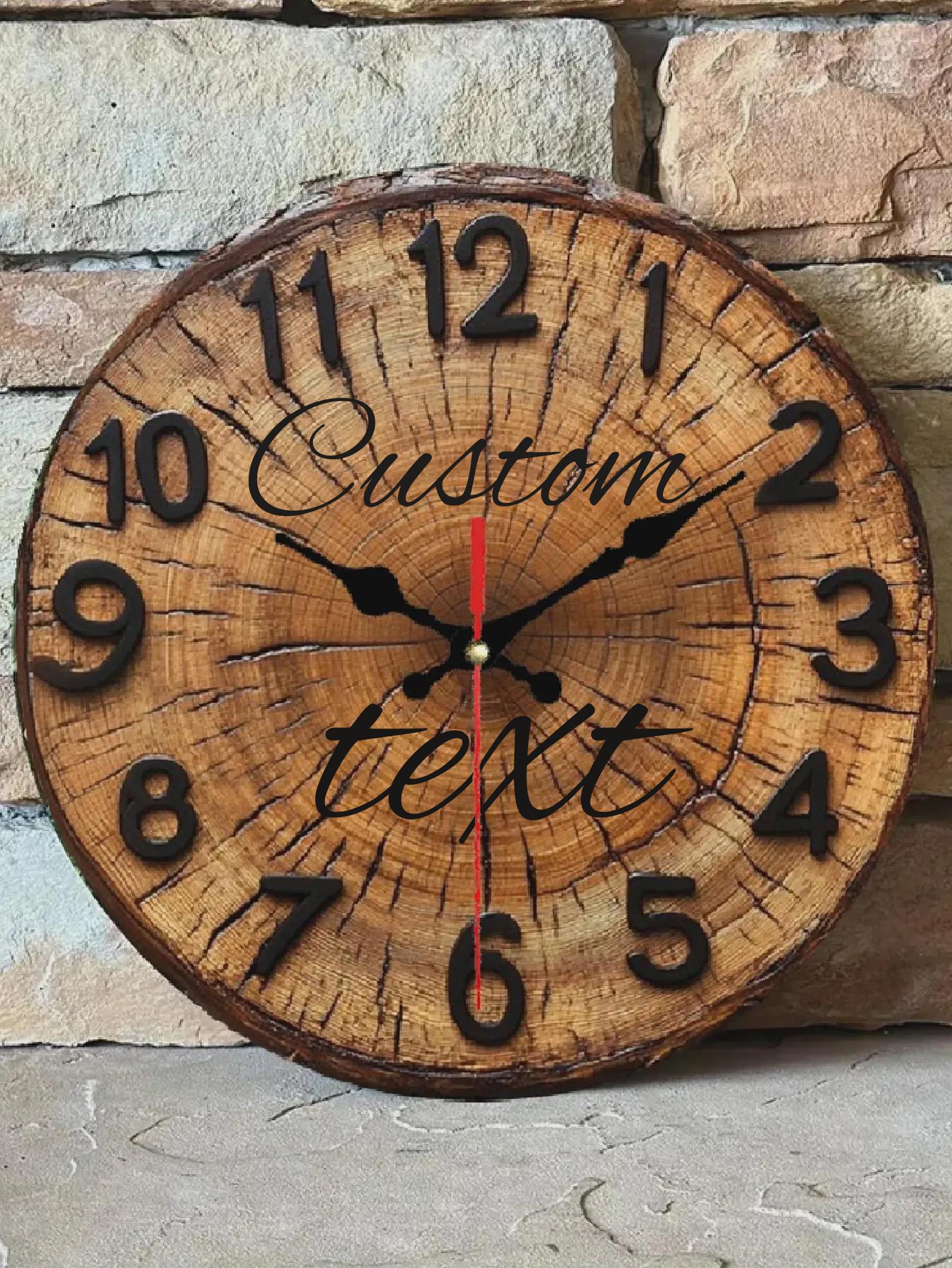 Wood Grain Wall Clock – 2D Printed MDF Clock with Tree Ring Design, Silent Round Rustic Clock with Custom Text Logo Home Office Cafe Decor