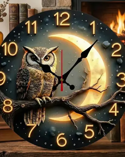 Moonlit Owl Wall Clock, Rustic Cottagecore Wooden Timepiece