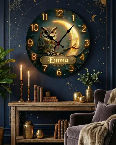 Moonlit Owl Wall Clock, Rustic Cottagecore Wooden Timepiece